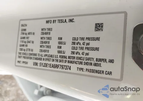 2024 Tesla Model 3 Long Range Dual Motor All-Wheel Drive/Rear-Wheel Drive z USA, uszkodzony, nr VIN 5YJ3E1EA6RF797374